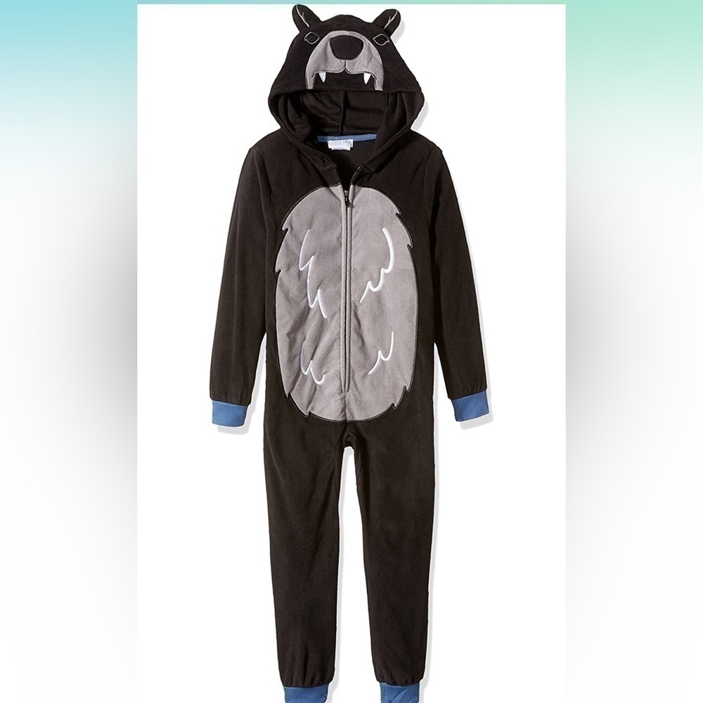 YOUTH size Medium black bear hooded full length zip up pajamas
